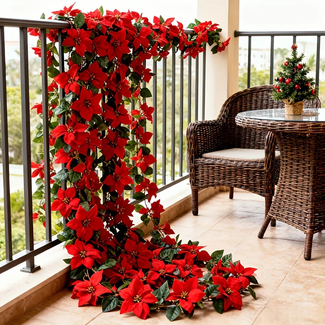 Plastic Artificial Poinsettia Wreath Large with Red Flowers and Green Leaves