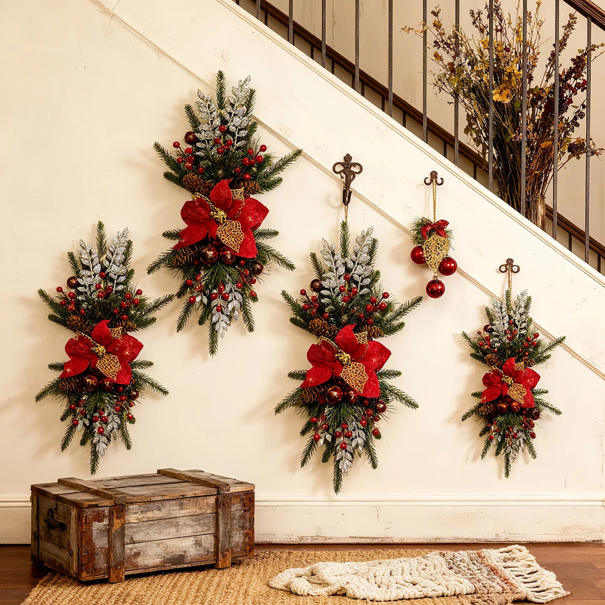 Plastic Christmas Garland 24-Inch Red with Poinsettias & Pine Cones