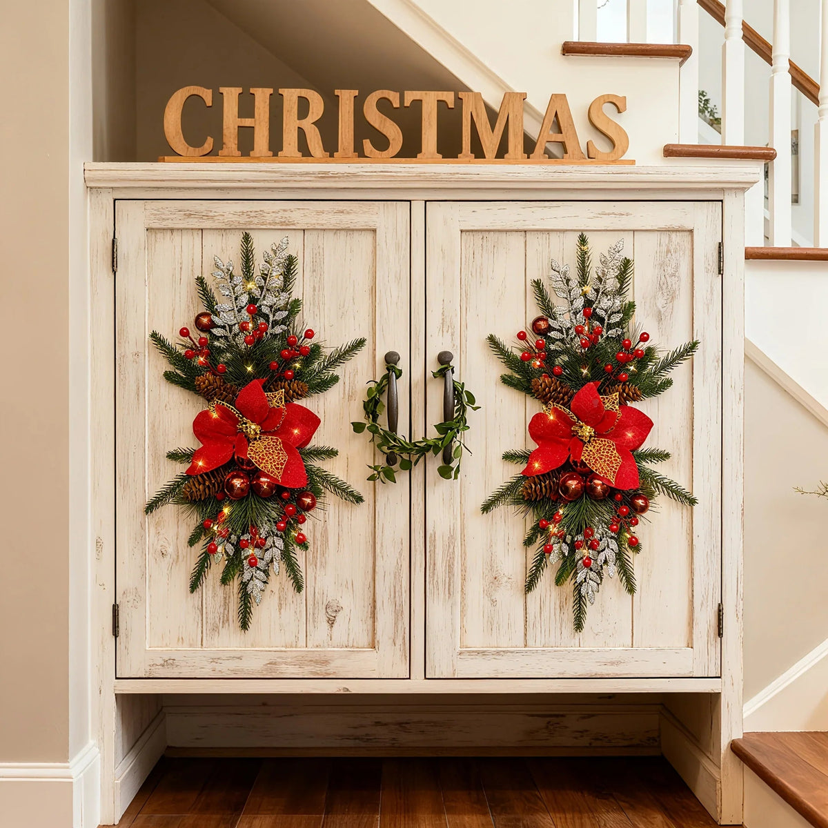 Plastic Christmas Garland 24-Inch Red with Poinsettias & Pine Cones