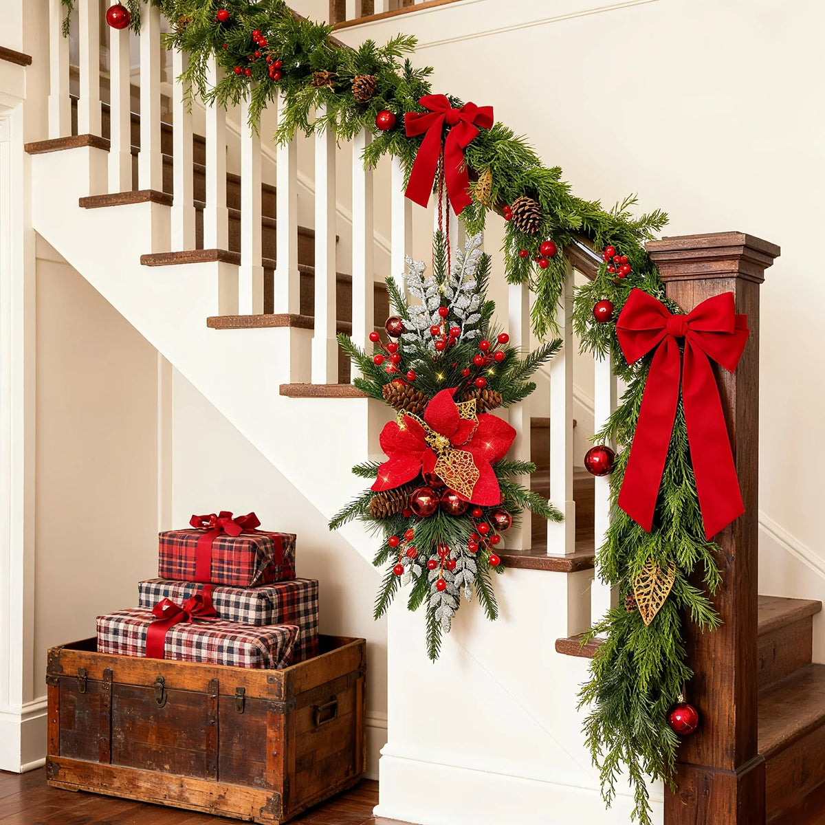 Plastic Christmas Garland 24-Inch Red with Poinsettias & Pine Cones