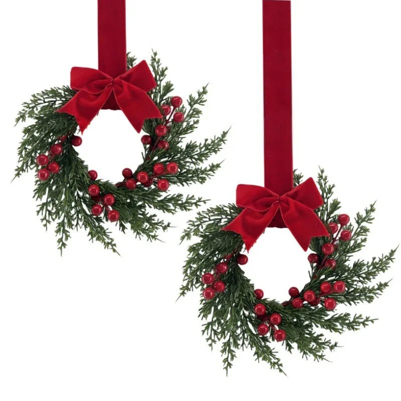 Plastic Christmas Wreath 25.4cm with Red Berries & Burgundy Bow