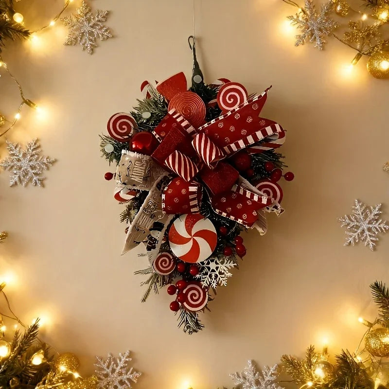 Plastic Christmas Wreath - Red & Candy Cane Design with Golden Bows