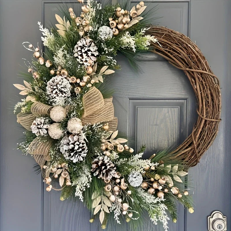 Plastic Christmas Wreath with Golden Accents and Pine Cones