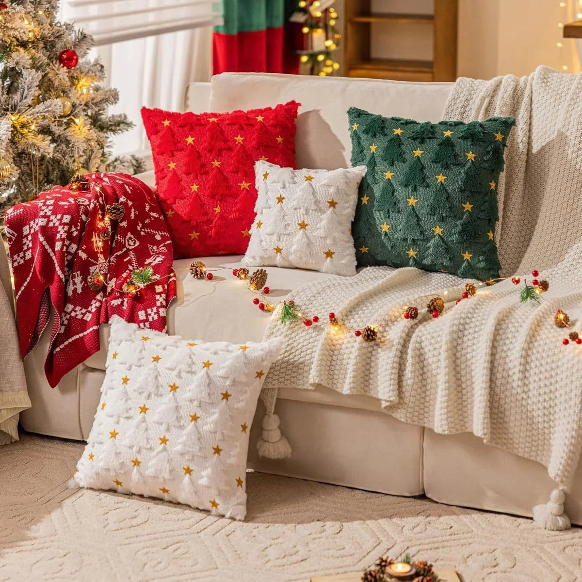 Plush Christmas Pillow Covers 45.72x45.72 cm - Green/Red/Golden Lace-Like Patterns, Zippered