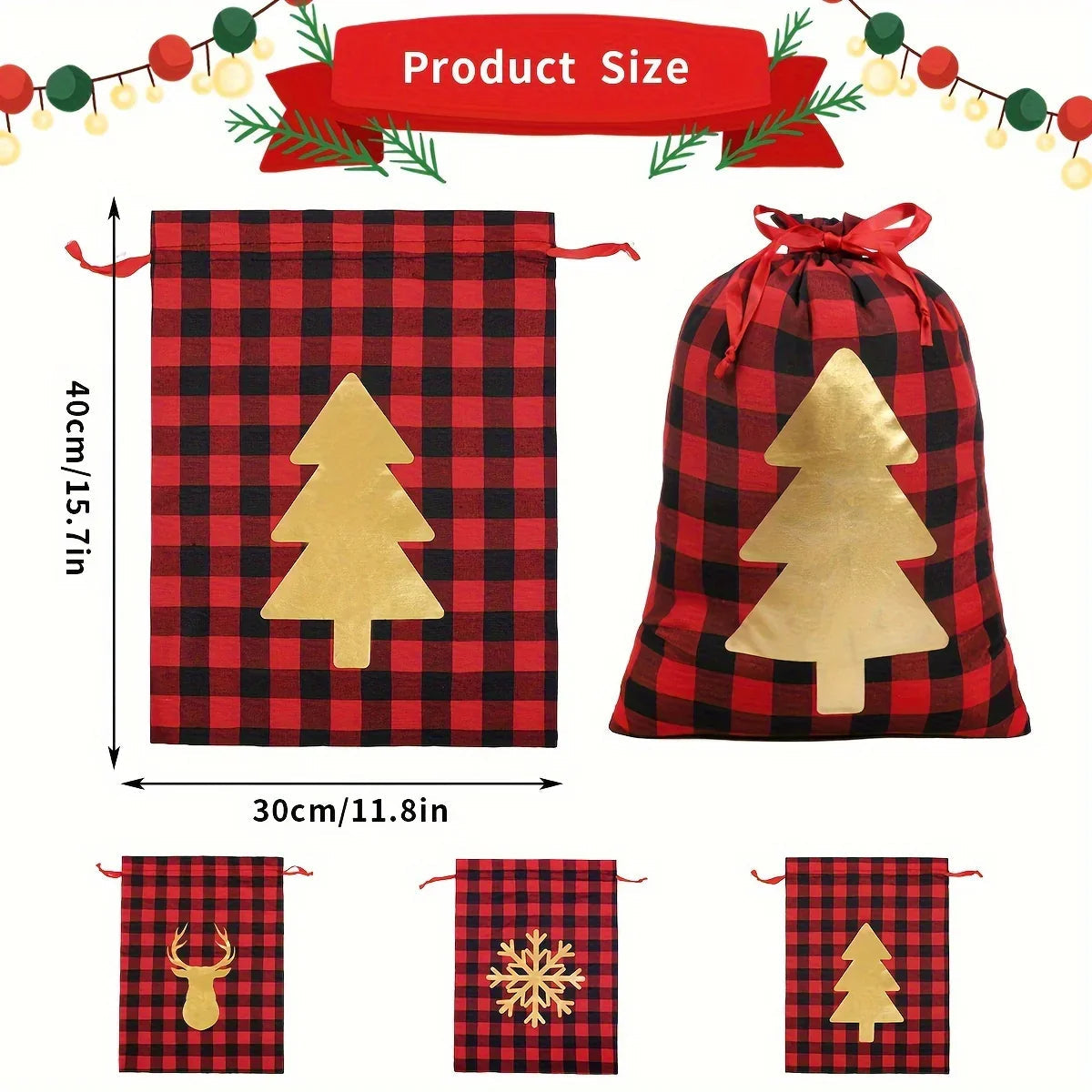 Polyester Christmas Gift Bags with Drawstring - Red & Checkered Medium Size