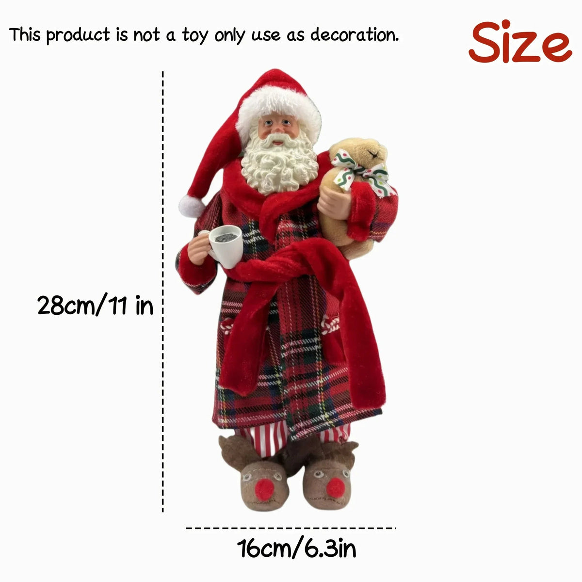 Polyester Santa Claus Figurine 11" with Red & Green Plaid and Teddy Bear