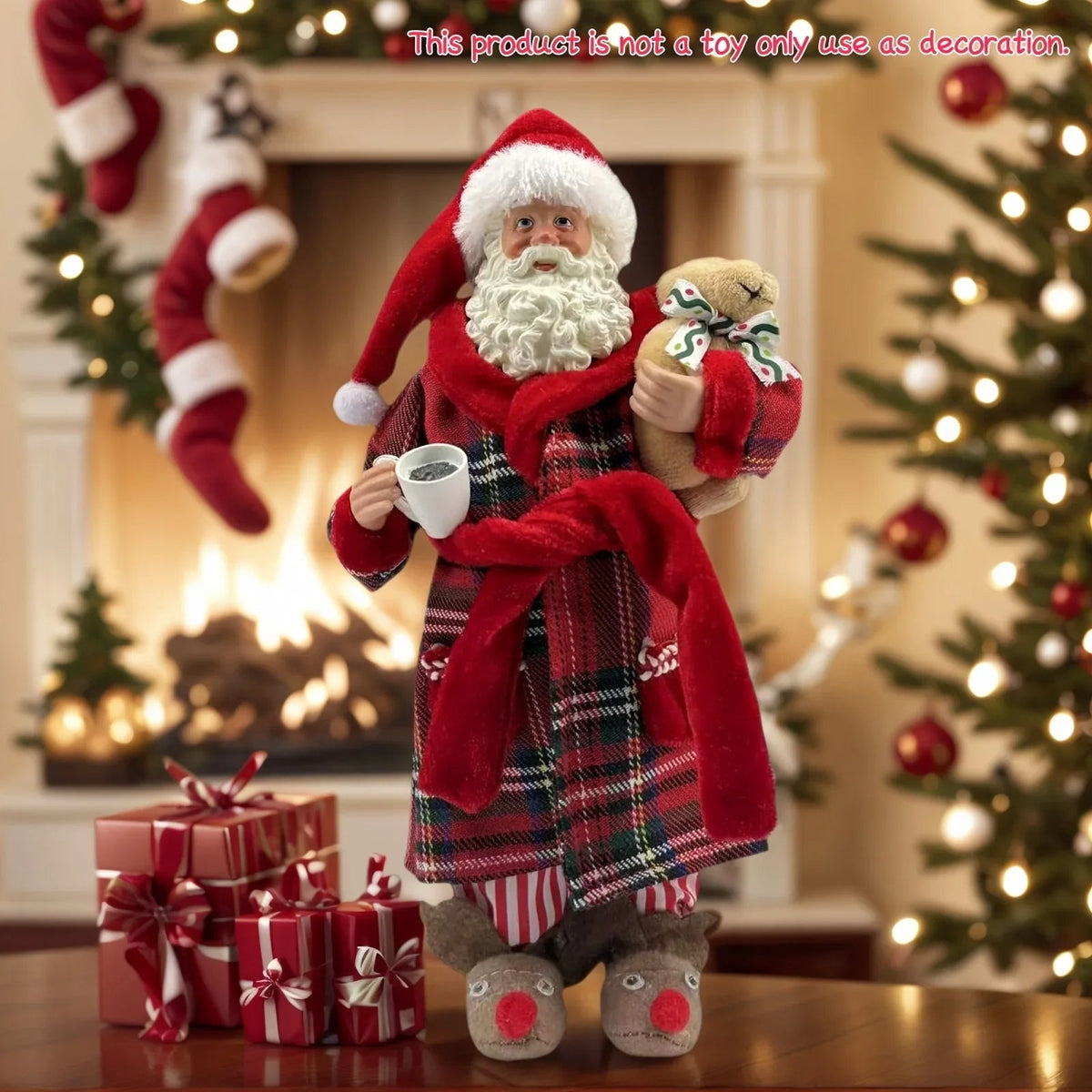 Polyester Santa Claus Figurine 11" with Red & Green Plaid and Teddy Bear