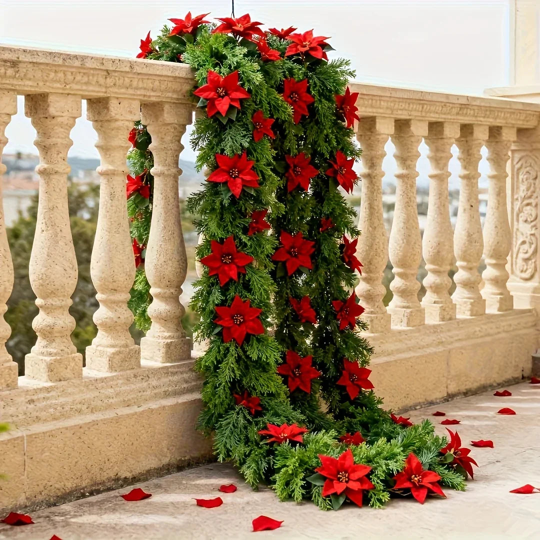 Red Poinsettia Artificial Pine Branches, Large Christmas Decor