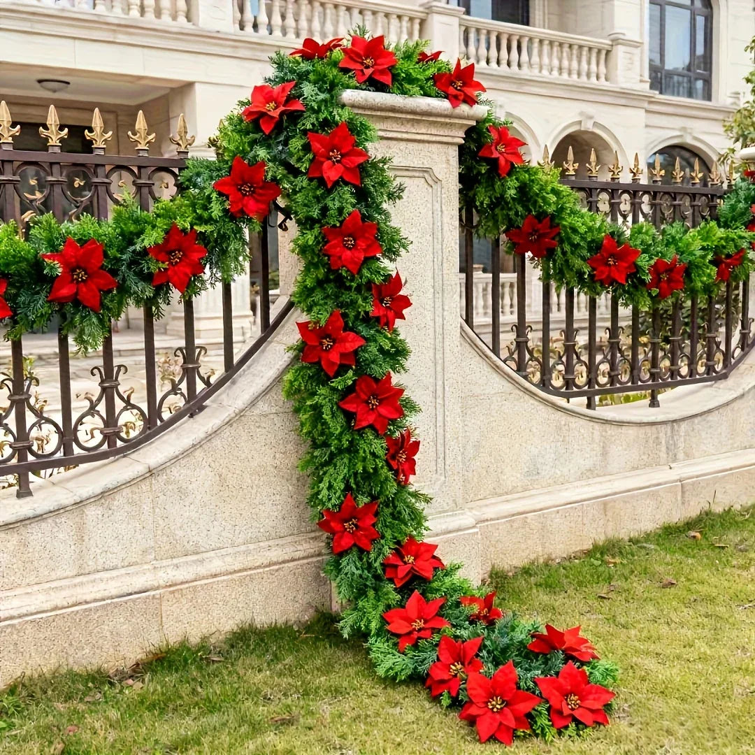 Red Poinsettia Artificial Pine Branches, Large Christmas Decor