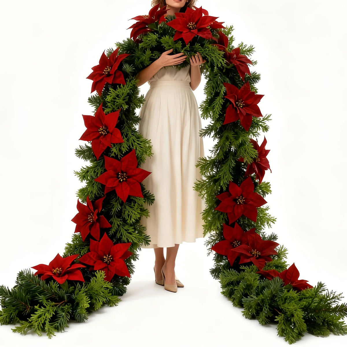 Red Poinsettia Artificial Pine Branches, Large Christmas Decor