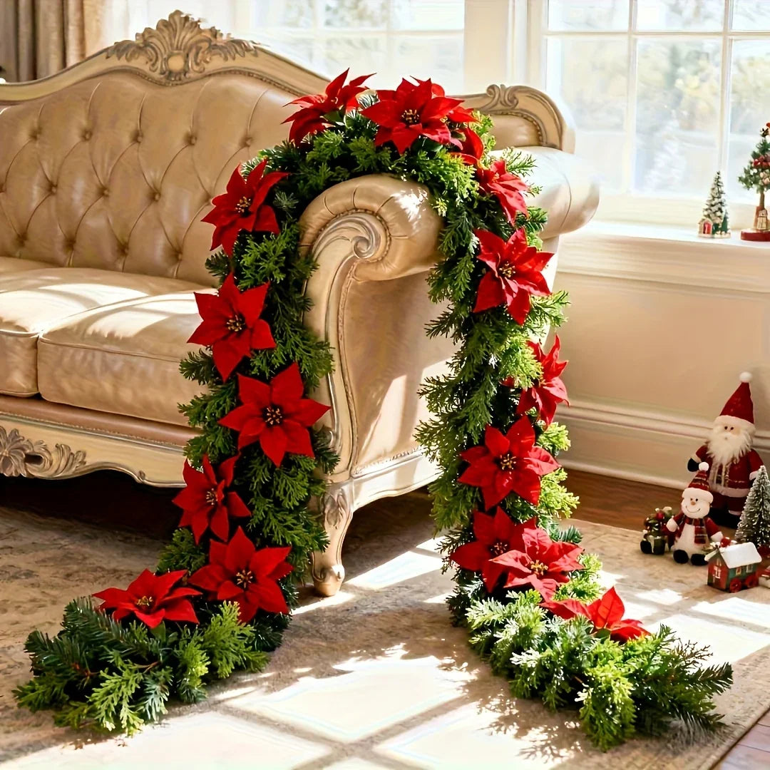 Red Poinsettia Artificial Pine Branches, Large Christmas Decor