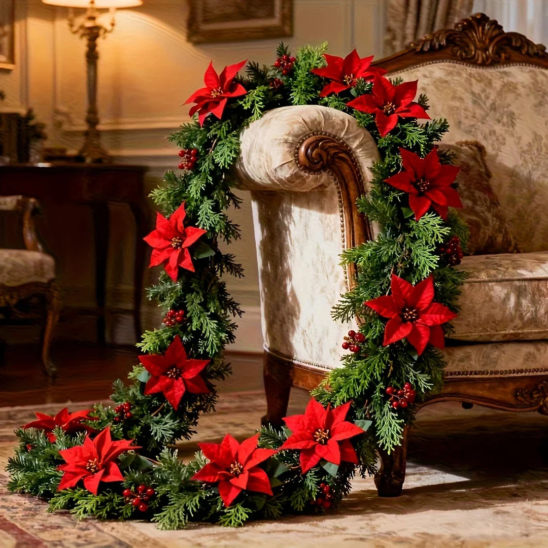 Red Poinsettia Artificial Pine Branches, Large Christmas Decor