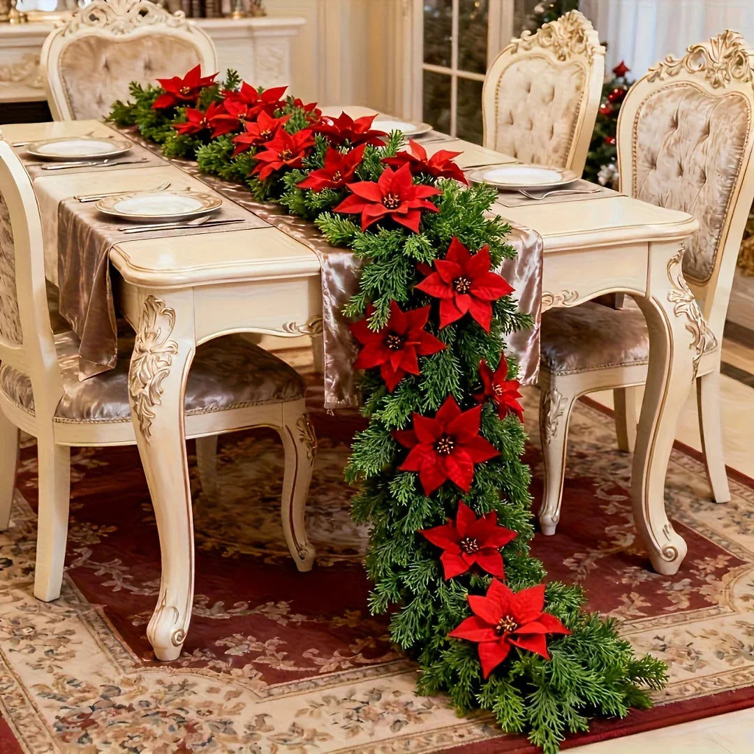 Red Poinsettia Artificial Pine Branches, Large Christmas Decor