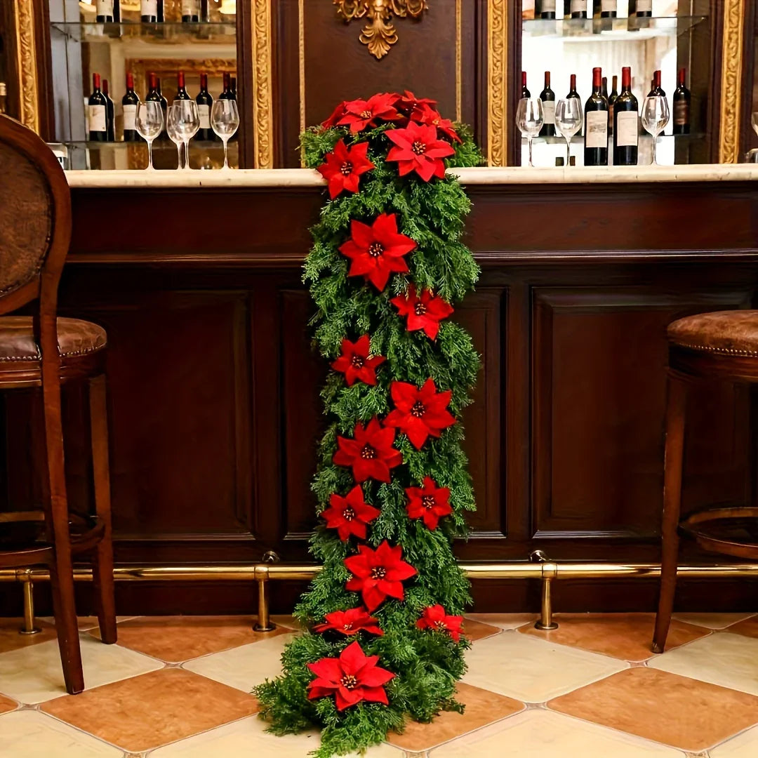 Red Poinsettia Artificial Pine Branches, Large Christmas Decor