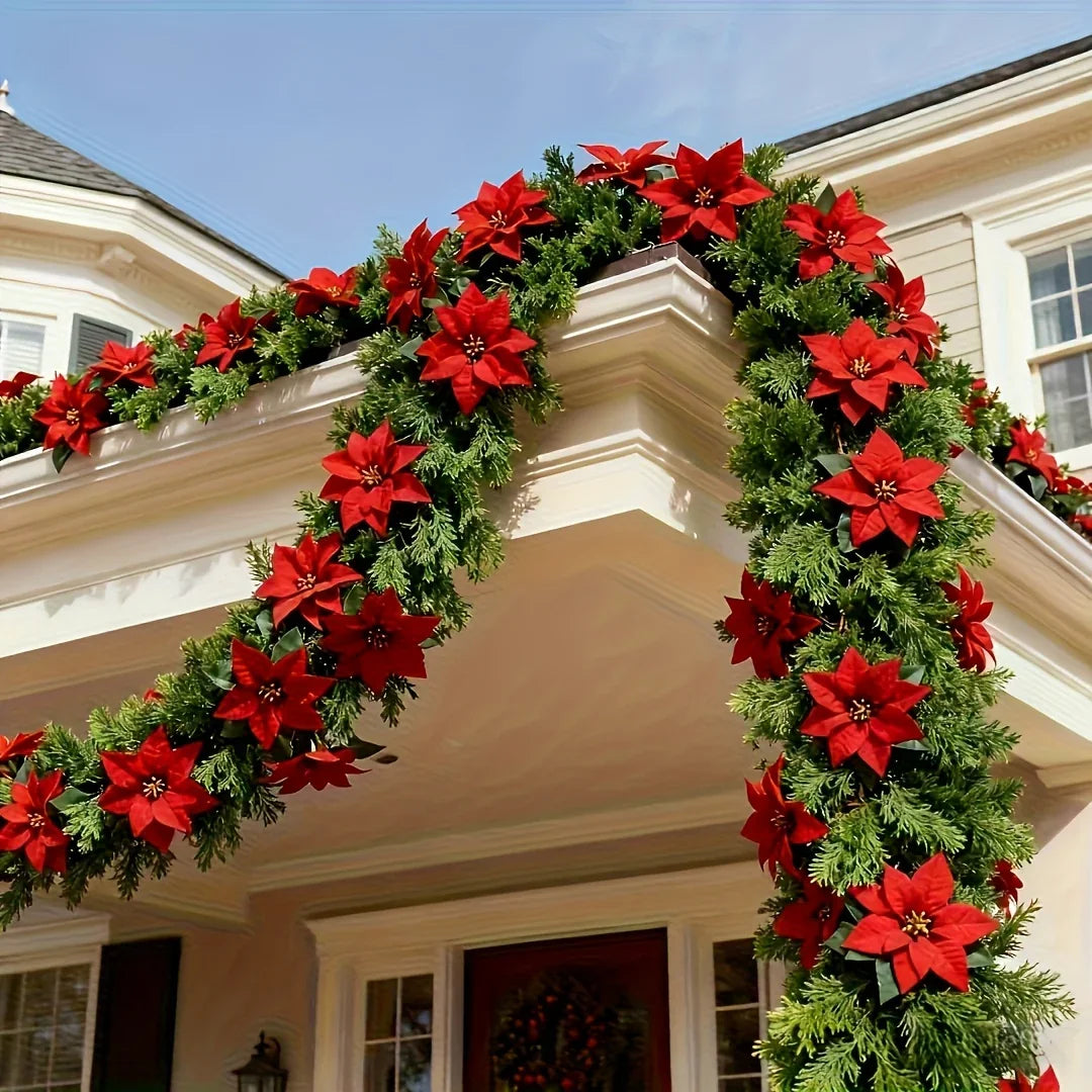 Red Poinsettia Artificial Pine Branches, Large Christmas Decor