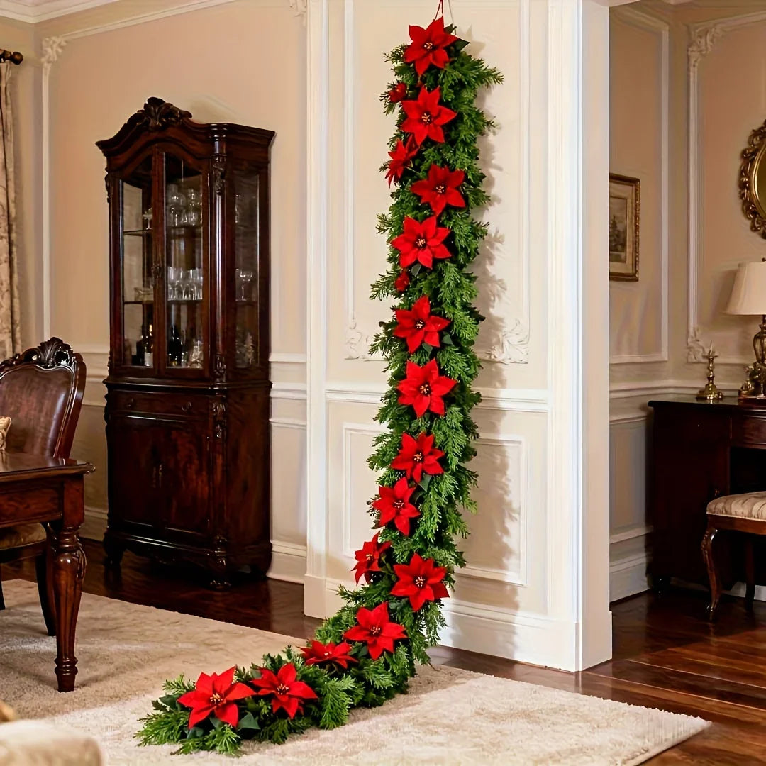 Red Poinsettia Artificial Pine Branches, Large Christmas Decor