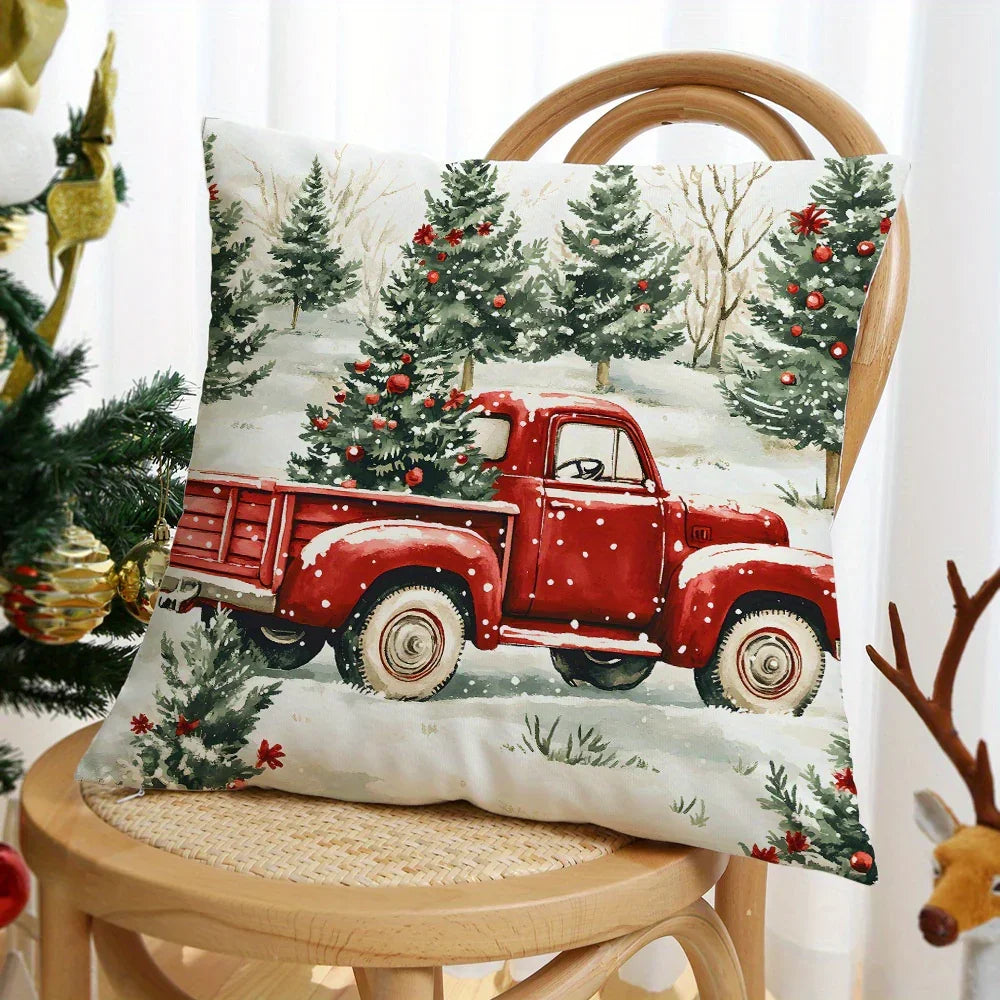 Red Velvet Throw Pillow with Hidden Zipper and Christmas Tree Pattern