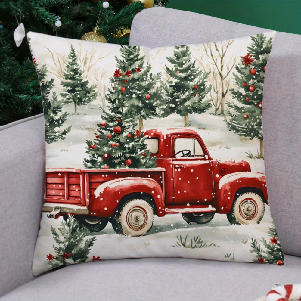 Red Velvet Throw Pillow with Hidden Zipper and Christmas Tree Pattern