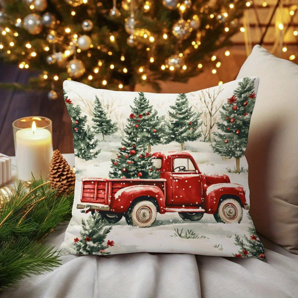 Red Velvet Throw Pillow with Hidden Zipper and Christmas Tree Pattern