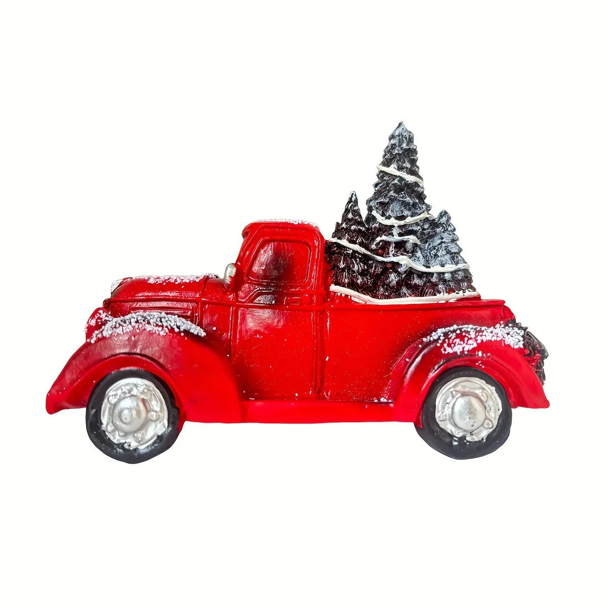 Resin Christmas Figurine Vintage Red Truck with Tree