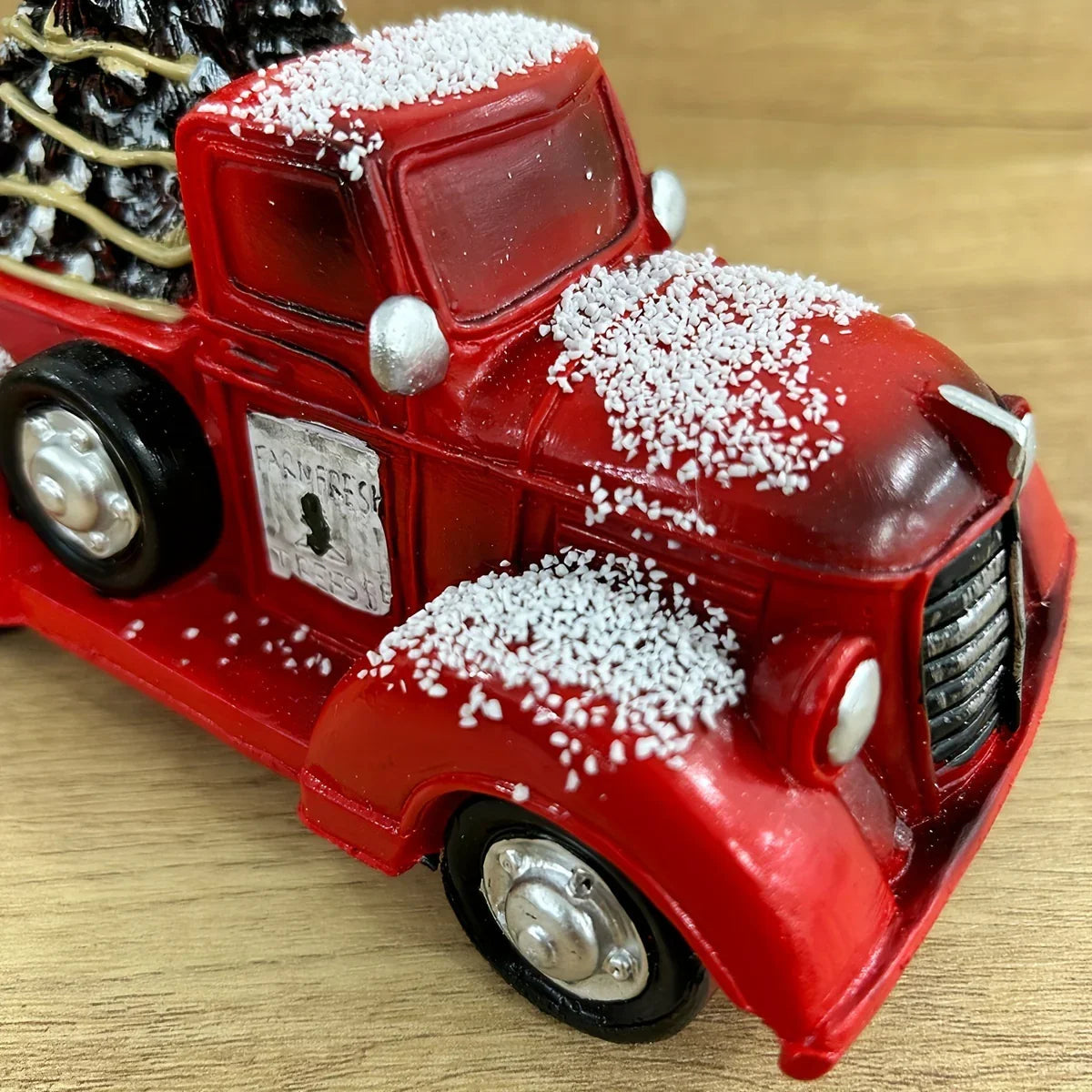 Resin Christmas Figurine Vintage Red Truck with Tree
