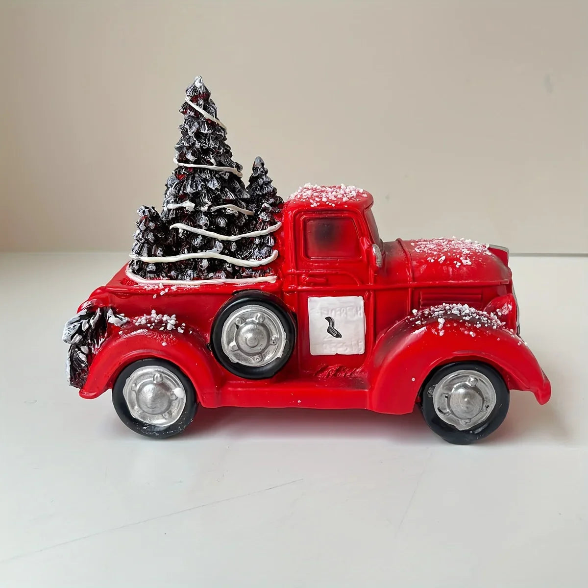 Resin Christmas Figurine Vintage Red Truck with Tree