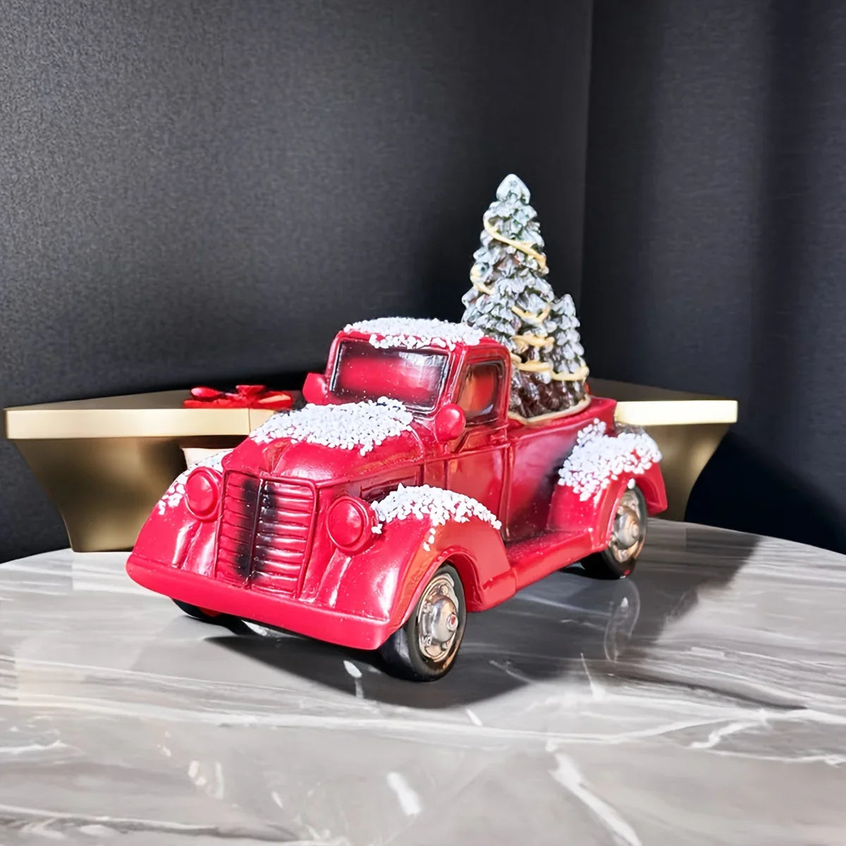 Resin Christmas Figurine Vintage Red Truck with Tree