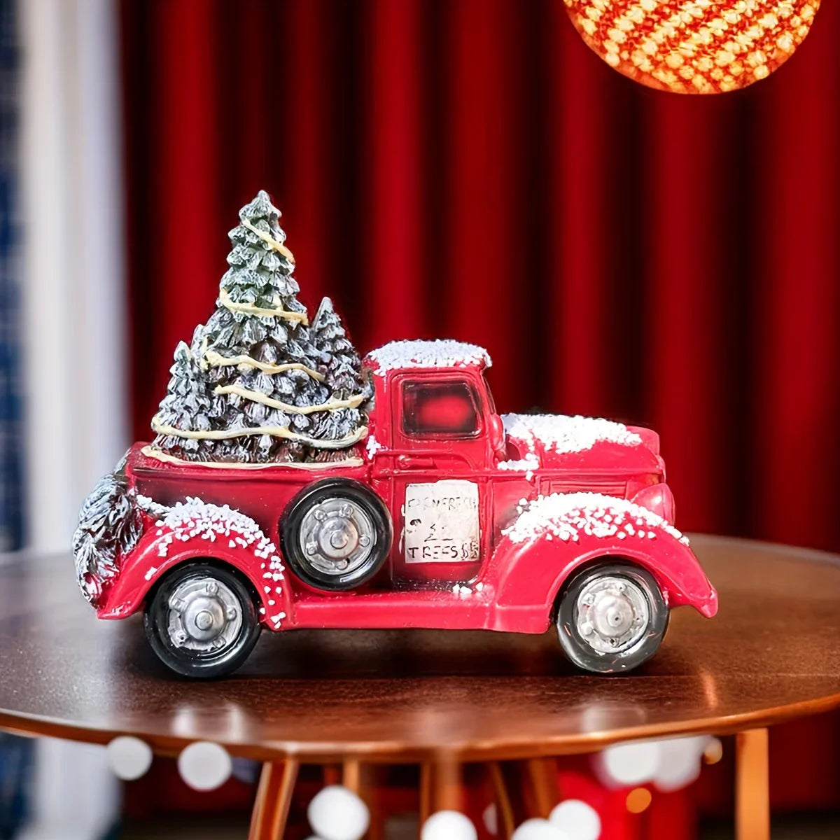 Resin Christmas Figurine Vintage Red Truck with Tree