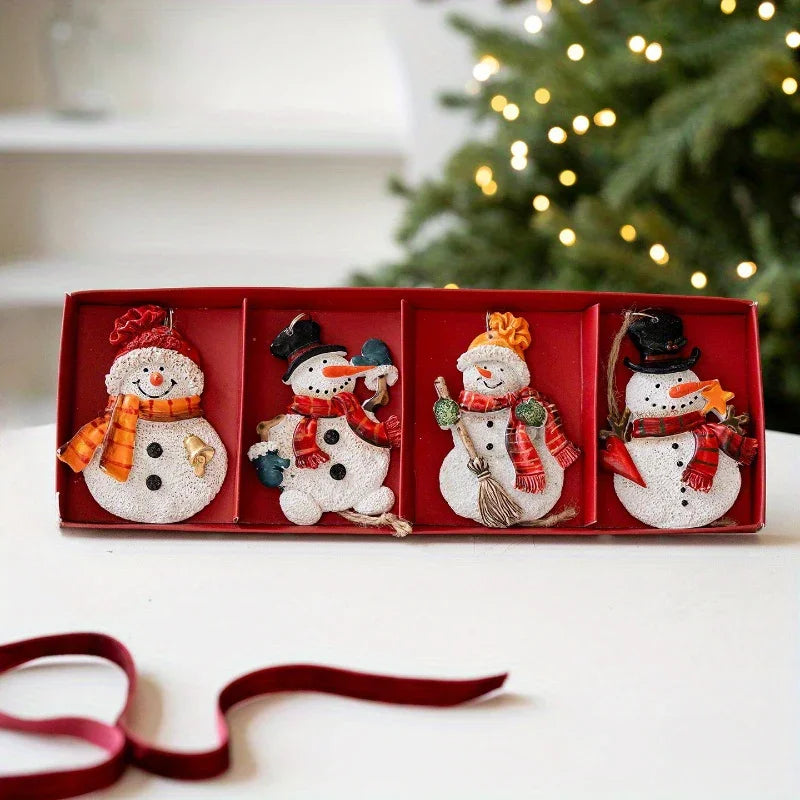 Resin Santa and Snowman Ornaments - 4pcs Red and Golden Christmas Tree Decorations