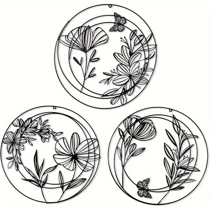 Round Floral Metal Wall Art Set – Minimalist Botanical Wall Decor (Set of 3)