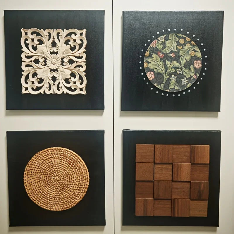 Rubberwood Wall Plaque with Intricate Floral Carvings, Natural Wooden Decor
