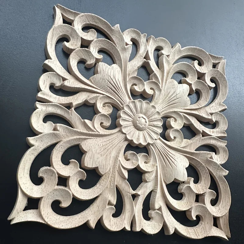 Rubberwood Wall Plaque with Intricate Floral Carvings, Natural Wooden Decor