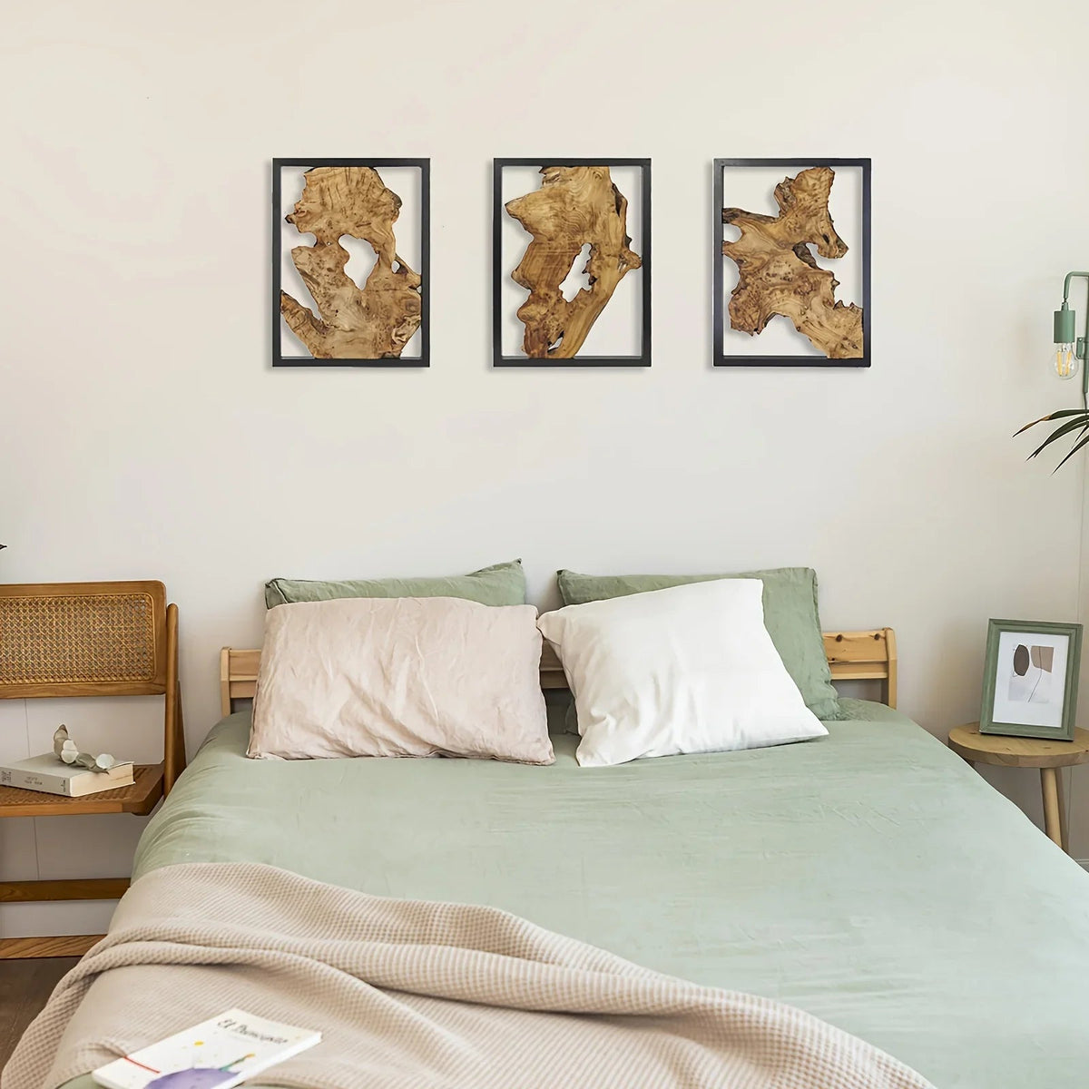 Rustic Wood Wall Art, 3 Panel Metal Frame, 12x16 Inch Natural Wood Decor
