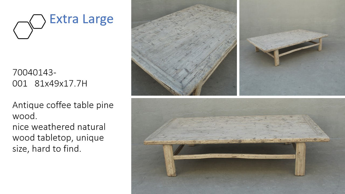 Approx. 6-7ft Wide 25-35 Inches Deep Vintage Extra Large Coffee Table Weathered Natural (Size & Finish vary)