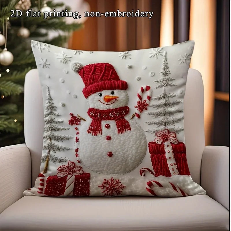 Soft Cushion Christmas Throw Pillow Cover - Red & White Snowman with Zipper Closure