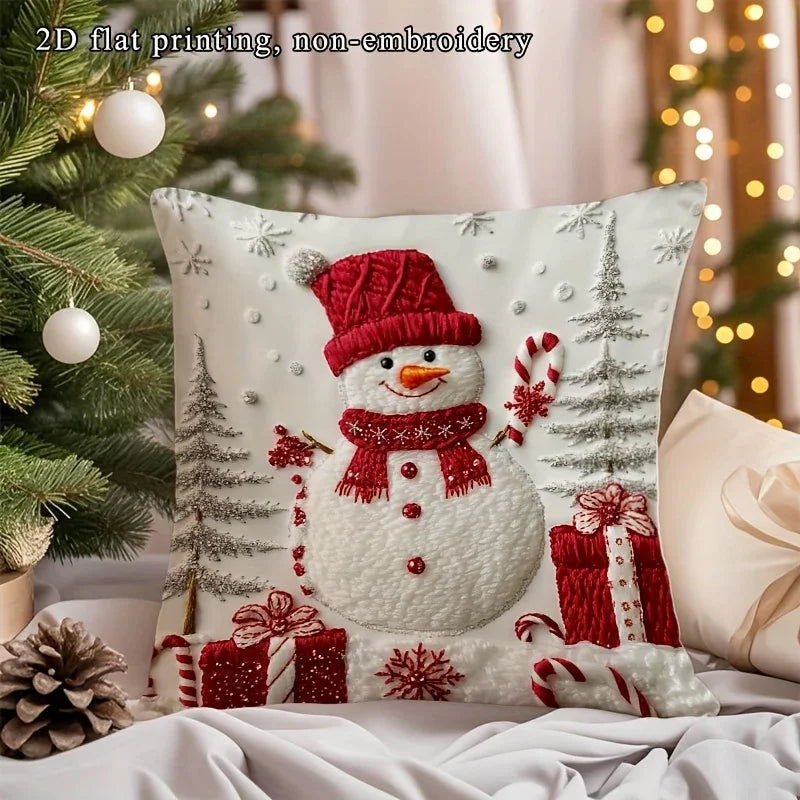 Soft Cushion Christmas Throw Pillow Cover - Red & White Snowman with Zipper Closure