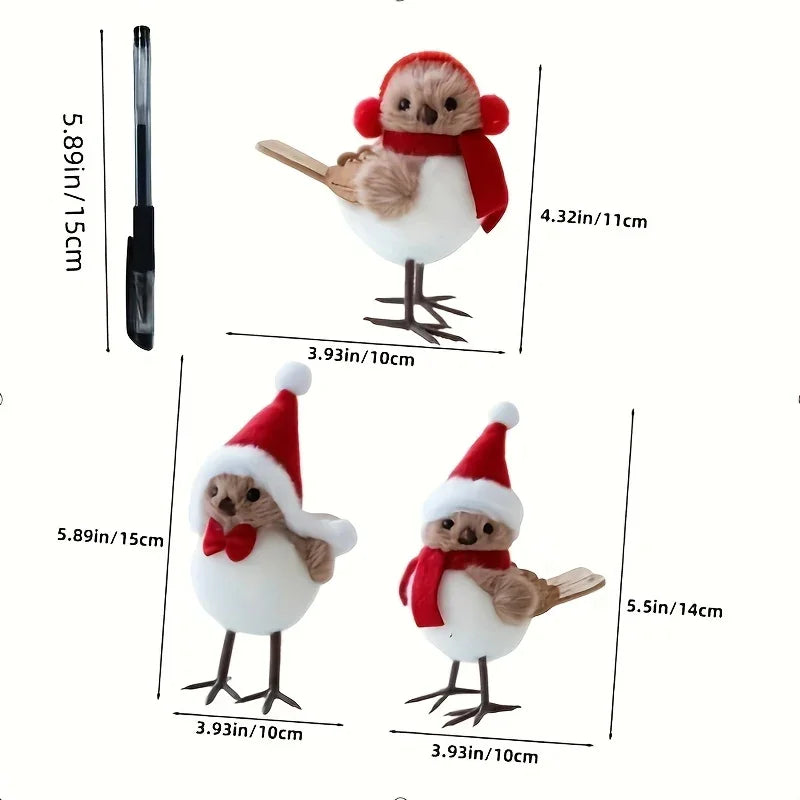 Soft Fabric Plush Bird Ornaments with Santa Hats - 3 Piece Set