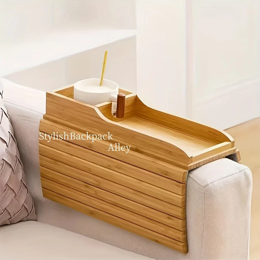 Stylish Bamboo Sofa Armrest Tray with Cup Holder - Anti-Fall Design, Foldable Storage Table for Snacks, Phones — House of Avana, view 2 of 22