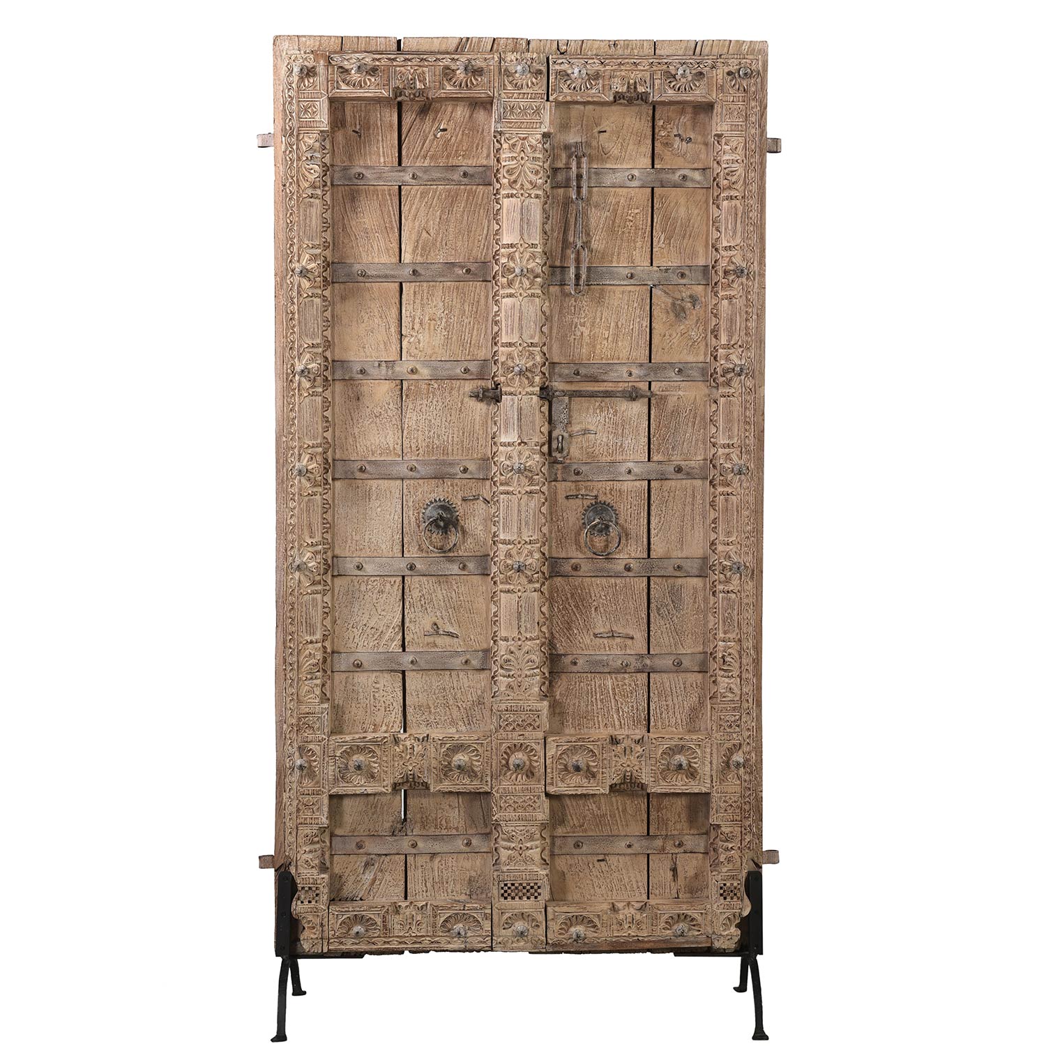 1800s Antique Carved Door In Natural Finish On Metal Dispay Stand