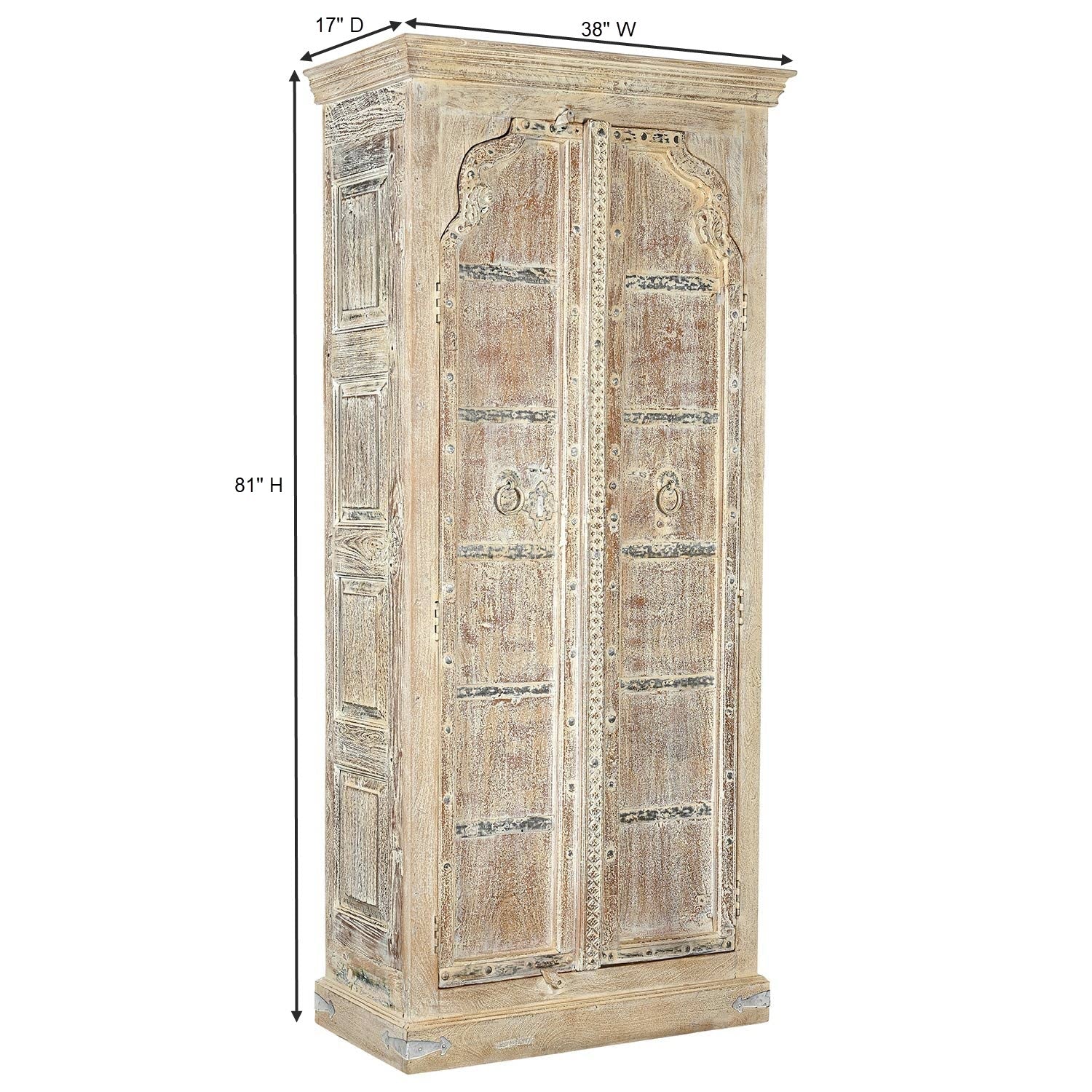1900s Antique Teak Wood Door Upcycled 81 in Tall Armoire in Distressed White Finish