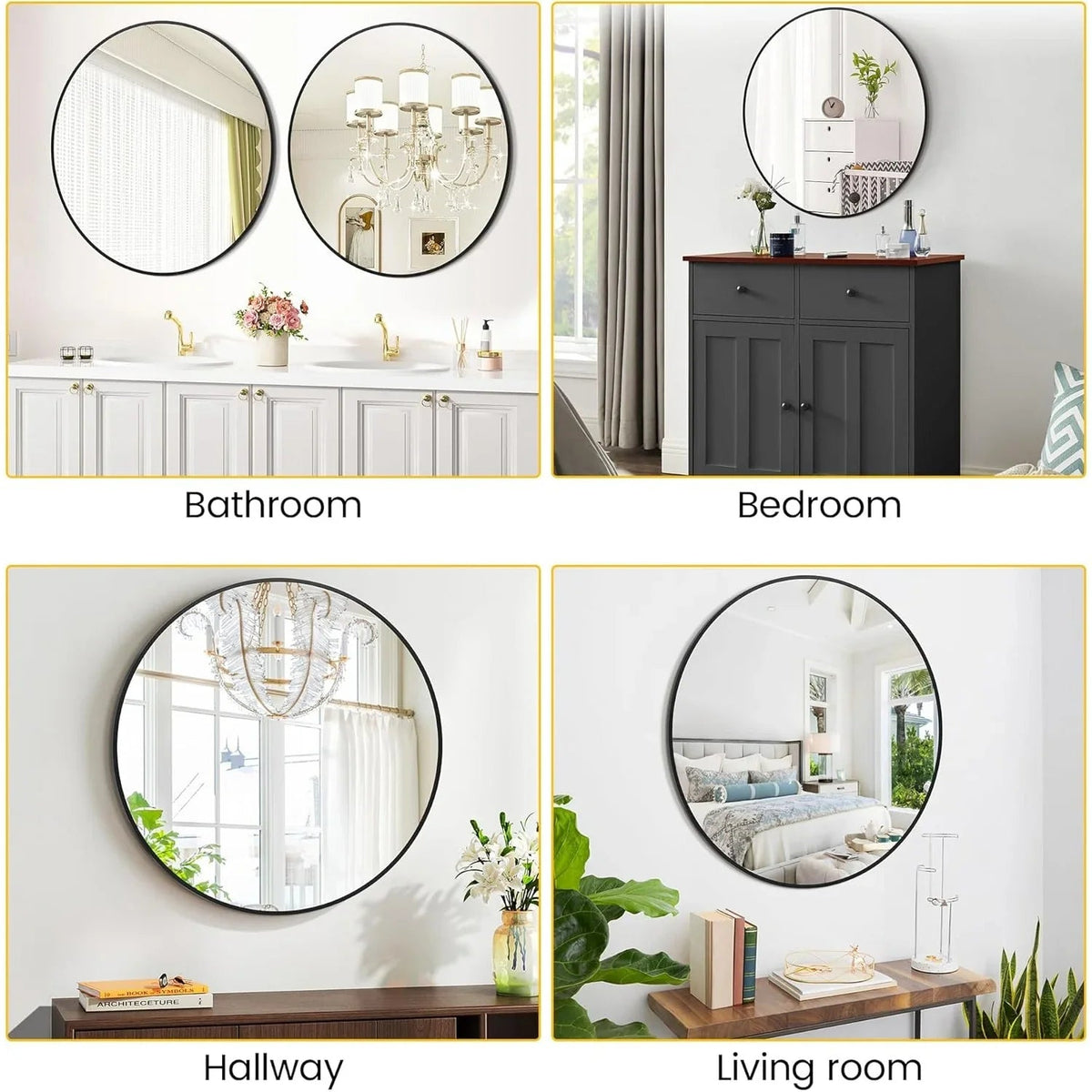 Takywep 24 Inch Round Mirror with 20mm Black Aluminum Frame - Shatter-Resistant Fogless Glass, -Fog Technology-Free (No Installation Required), Wall-Mounted Large Circle Mirror for Bathroom, Bedroom, Living Room, Entryway - M