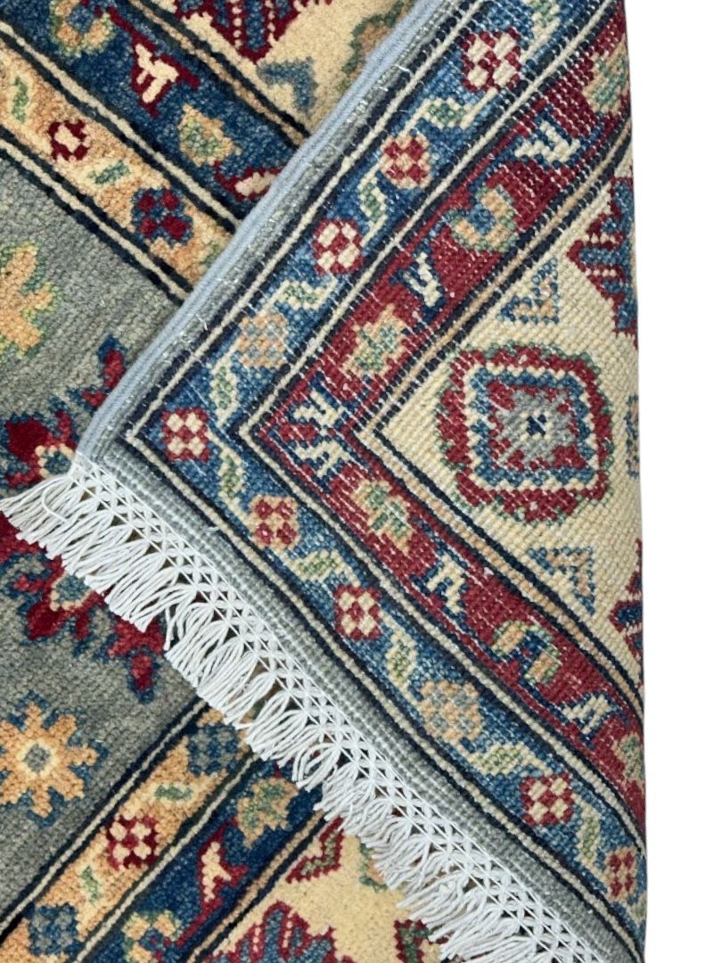 Afghan Kazak Rug 4x6 | Gray, Ivory & Burgundy | Hand-Knotted Wool - Rugistan, view 4
