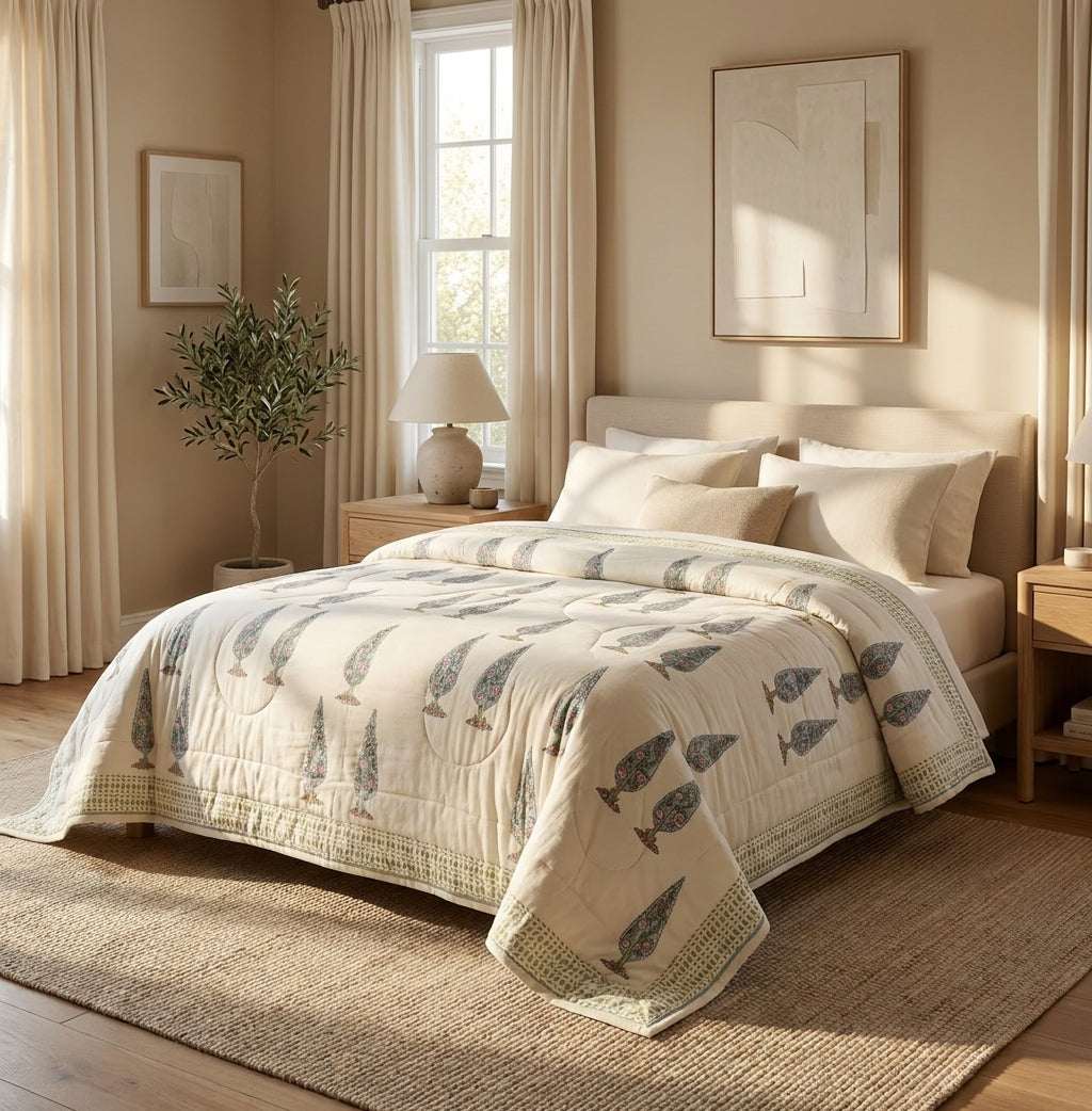 Flowering Garden Trees Hand Block Printed Sanganeri Quilted Comforter — House of Avana, view 1 of 6