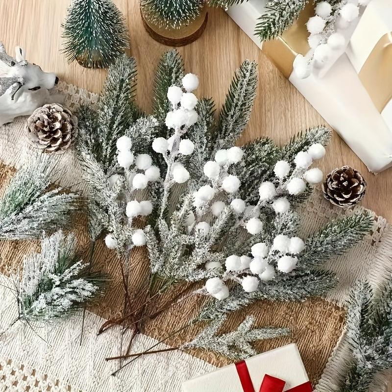White Artificial Berry and Cedar Christmas Decor, 30pcs Winter Branches