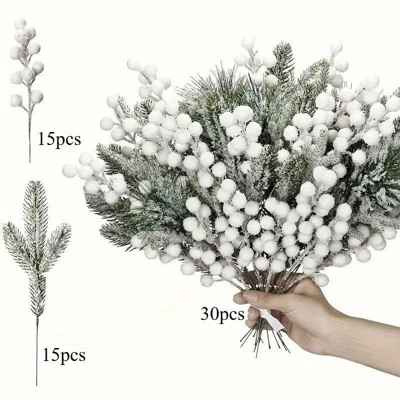 White Artificial Berry and Cedar Christmas Decor, 30pcs Winter Branches