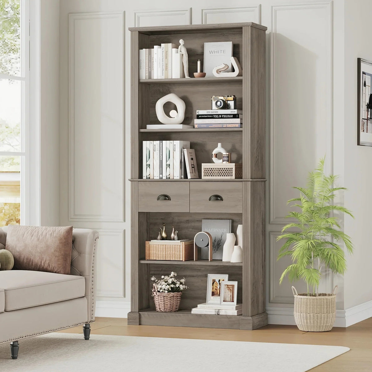 White Wooden 5-Tier Bookshelf with 2 Drawers and Adjustable Shelves