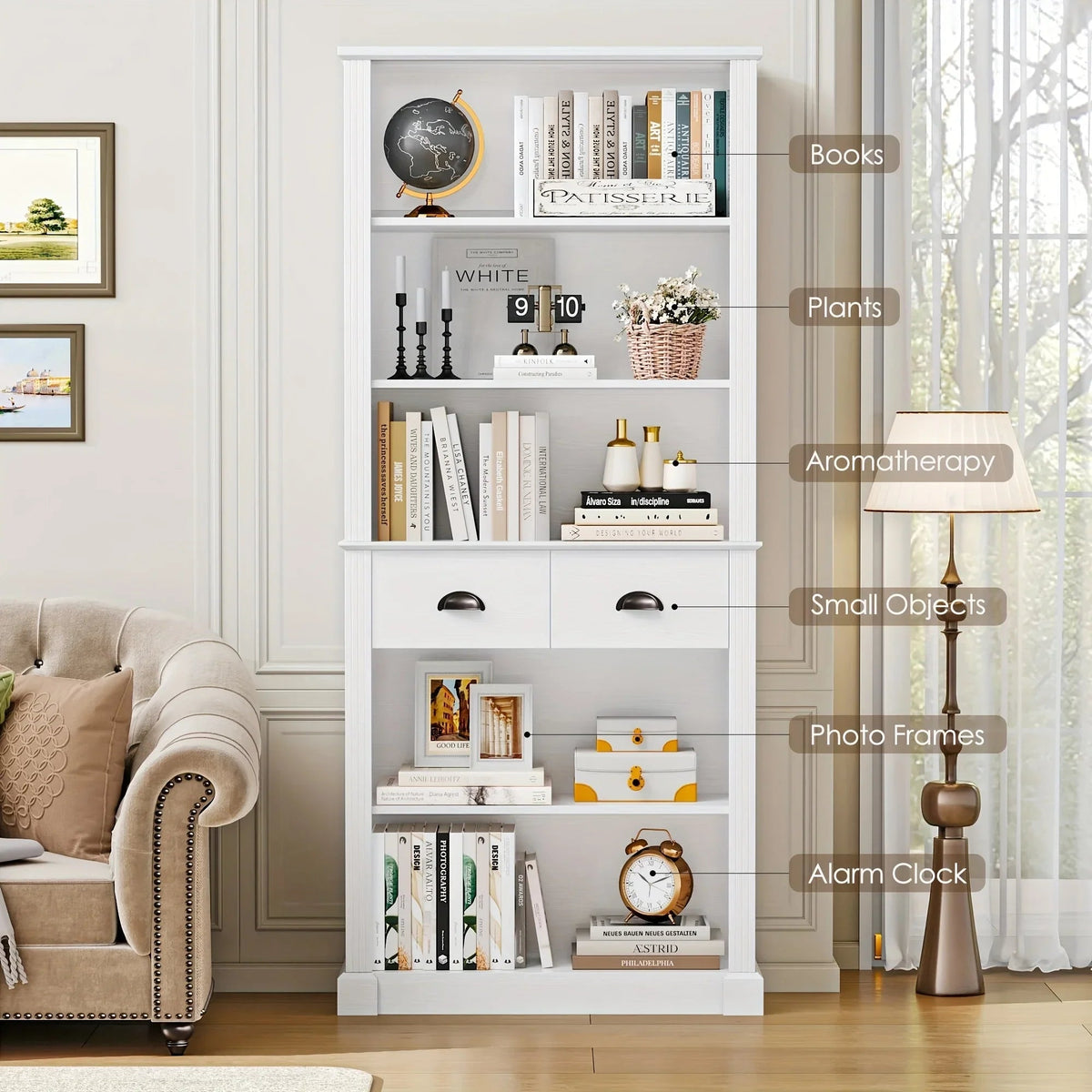 White Wooden 5-Tier Bookshelf with 2 Drawers and Adjustable Shelves
