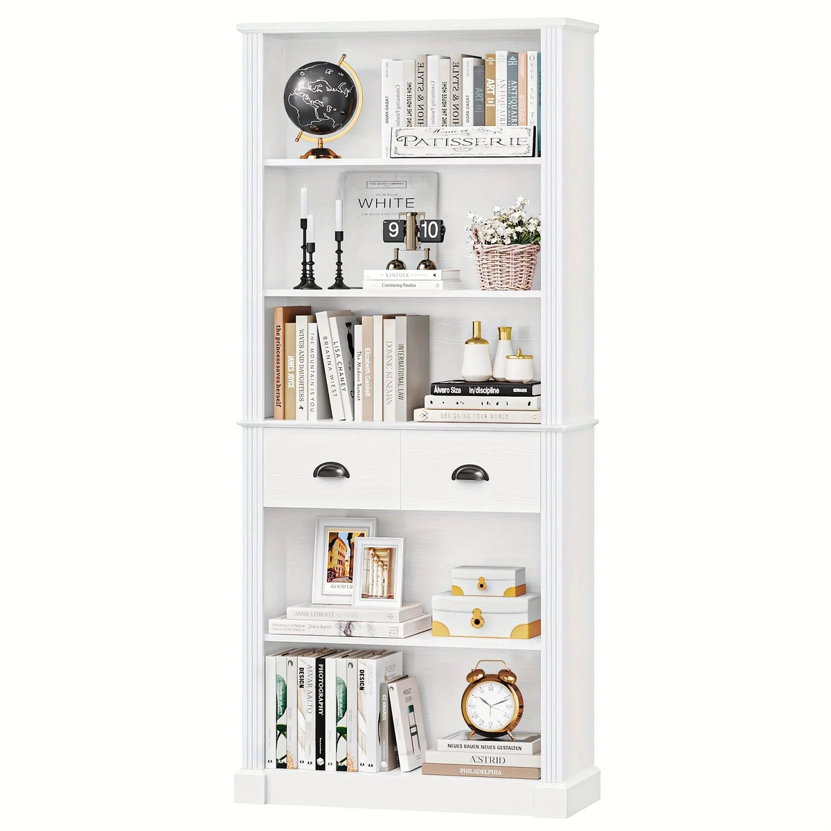 White Wooden 5-Tier Bookshelf with 2 Drawers and Adjustable Shelves