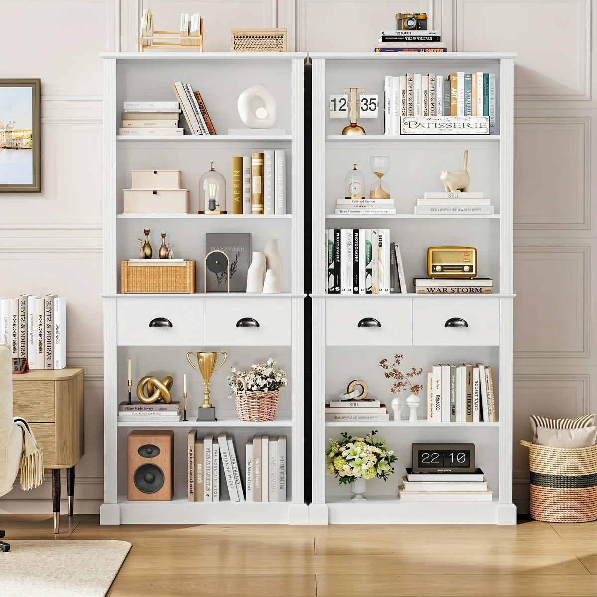 White Wooden 5-Tier Bookshelf with 2 Drawers and Adjustable Shelves