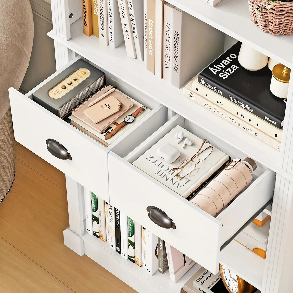 White Wooden 5-Tier Bookshelf with 2 Drawers and Adjustable Shelves